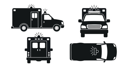 Four views of an ambulance depicted in stark black silhouette © Lhvect02
