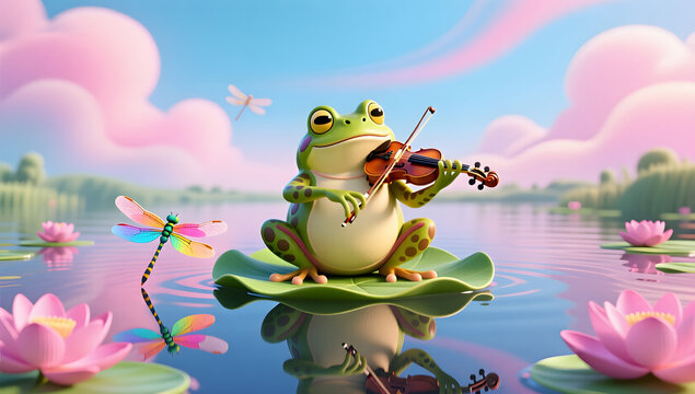 Giant frog playing violin on a lotus leaf in spring