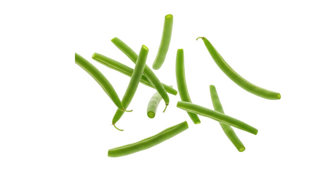 Bright green, freshly chopped string beans, crisp and clean-cut, dynamically suspended mid-air against a pristine transparent studio background. Concept of fresh healthy ingredients