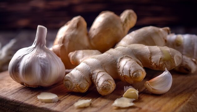 Ginger and Garlic- A hyper-realistic image capturing fresh ginger and garlic cloves 4