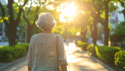 Obraz premium 夕方の公園を散歩するシニア女性の後ろ姿