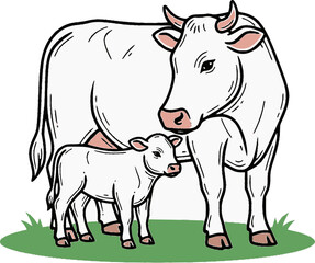 Fototapeta premium Cartoon white cow and calf standing on grass. Perfect for farm-themed designs, educational materials, children’s books, livestock branding, and animal family illustrations