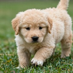 Adorable golden retriever puppy walking on green grass, with a soft, blurred background for a heartwarming, innocent feel.