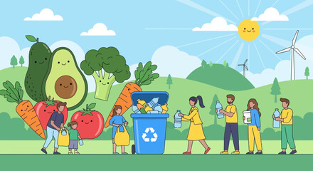 Fototapeta premium eco-friendly lifestyle: people recycling and healthy food, green environment