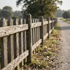 Naklejka premium Rustic wooden fence along a gravel path in the countryside, with a soft focus background of trees and fields.