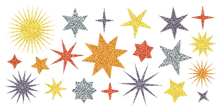 Glitter star stickers set in shiny sequin textures. Sparkling vector shapes in gold, silver, bronze, and rose gold foil colors. Great for festive designs, party decor, and scrapbooking