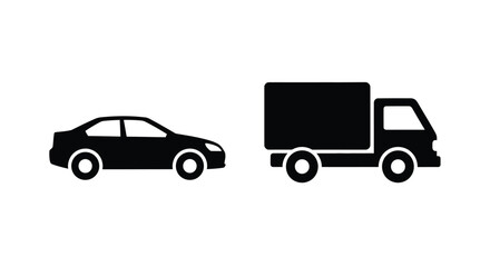 Fototapeta premium Black silhouettes of a car and a delivery truck side by side silhouette