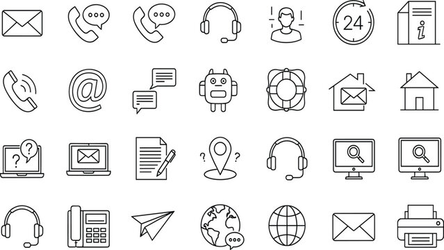 Customer Support Line Icon Set, Contact Us, Call Center, Email Marketing, Online Help Desk, Technical Assistance, Global Communication, Service Hotline,