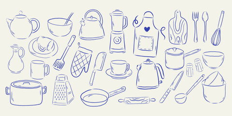 Hand drawn outline kitchen  collection featuring teapot, kettle, blender, frying pan, pot, bowl, cup, grater, knife, spatula, whisk, rolling pin, cutting board, apron, oven mitt, fork