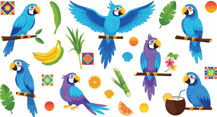 Blue and purple parrot vector set with tropical leaves fruits and exotic bird characters for summer wildlife and jungle design. © MstSuborna