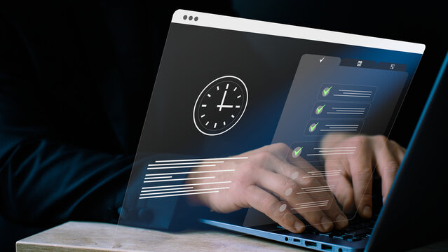Deadline management and task completion concept &mdash; businessman working on laptop with clock and checklist interface, time management, productivity, business efficiency, digital workflow
