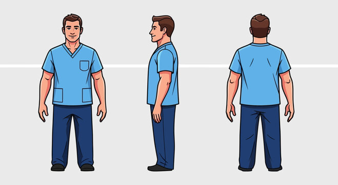 medical professional in scrubs, front, side, and back view