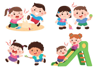 Fototapeta premium Children Fighting and Bullying at Playground Cartoon Illustration Set