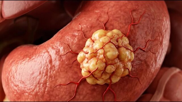 3d rendering of a cancerous tumor with blood vessel growth on human organ tissue, suitable for medical research, health education, scientific presentations, biological studies, and disease awareness.
