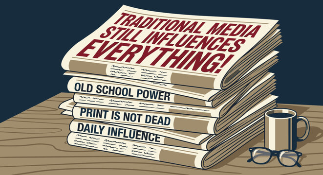 Tall stack of traditional newspapers with bold headlines, a coffee mug, and eyeglasses rests on a wooden table, conveying themes of enduring media influence and information