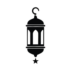 Elegant traditional Islamic Ramadan lantern icon, a simple black silhouette hanging lamp with crescent moon and star, perfect for festive Muslim holiday designs