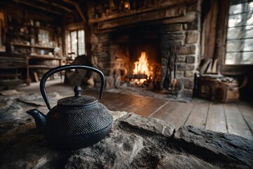Naklejka premium Interior of a rustic log cabin features a roaring fire in a stone fireplace and a vintage iron kettle on the hearth in a warm cozy atmosphere.