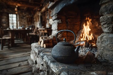 Naklejka premium Interior of a rustic log cabin features a roaring fire in a stone fireplace and a vintage iron kettle on the hearth in a warm cozy atmosphere.