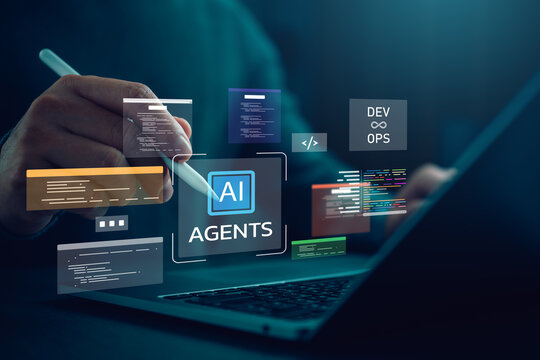 Futuristic AI agents interface on laptop screen with developer using stylus, showcasing code automation, DevOps workflow, and machine learning integration in modern software development environment.