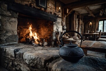 Naklejka premium Interior of a rustic log cabin features a roaring fire in a stone fireplace and a vintage iron kettle on the hearth in a warm cozy atmosphere.
