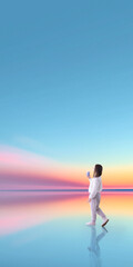 Fototapeta premium Dreamy artwork woman walking with coffee in pastel sunset horizon space. Concept of calm morning routine, mindful lifestyle branding, coastal real estate atmosphere, serene living vision.