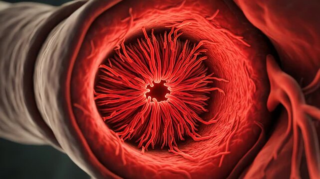 Vascular smooth muscle response: in low blood pressure, the vessel relaxes and glows softly with wide diameter; in high blood pressure, smooth muscle fibers tighten, narrowing the lumen 
