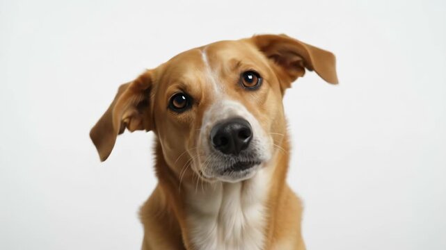 Brown dog pet animal close up portrait with attentive ears and expressive eyes showing gentle curious look on white background