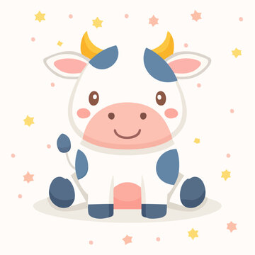 Vache cartoon mignonne avec clochette, illustration kawaii