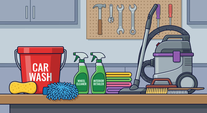 Car cleaning and detailing equipment including a bucket, vacuum, sprays, and towels neatly organized on a workbench inside a garage, a flat style vector illustration