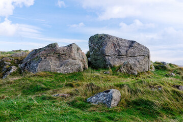 Tursachan prehistoric site at Callanish, Lewis. The focal boulder group at the south end of the crag and tail spine. View of backing stones from S © David Matthew Lyons