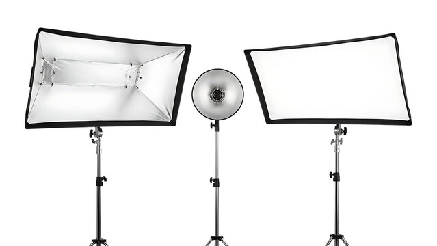 Photography lighting setup featuring two large rectangular softboxes and one central silver beauty dish reflector on stands for fashion and portrait photo shoots