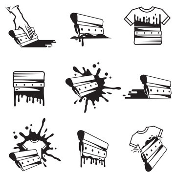 silk screen printing icons with squeegee isolated on white background