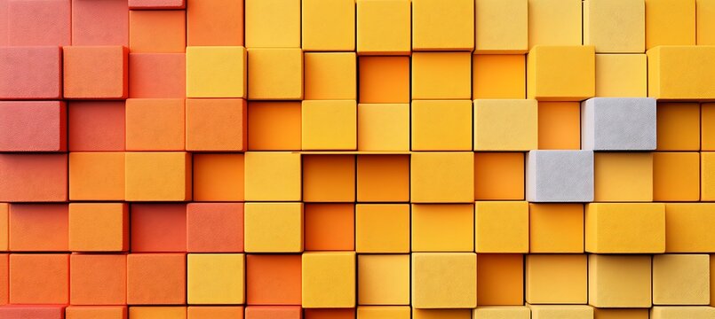 Unique abstract composition featuring vibrant orange and yellow cubes with a single grey cube standing out