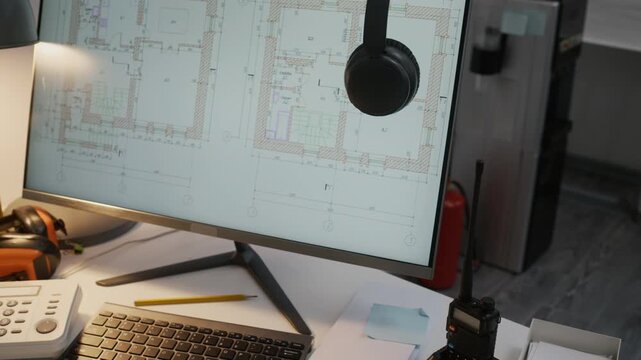 Medium close up shot of computer monitor screen with blueprints and landline phone on table in modern construction office