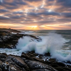 Fototapeta premium Rugged Coastline with Waves Crashing at Sunset.