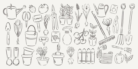 hand drawn gardening collection with plant tool seedling flower vegetable and equipment isolated on light background. botanical line art illustration set including wateringcan rake shovel pruner bucke