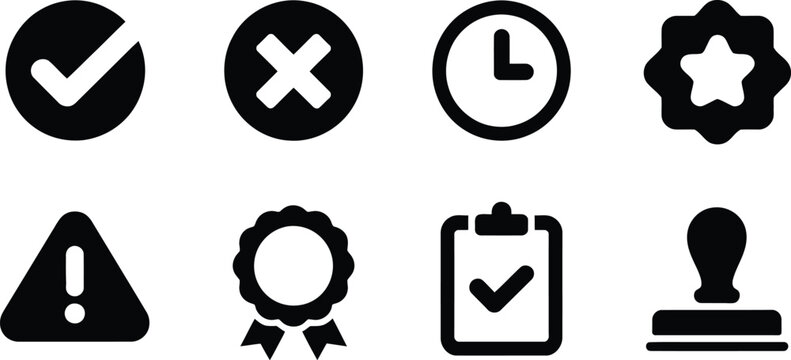 Black solid icons set featuring checkmark cross mark clock time star badge warning alert award ribbon clipboard and official stamp