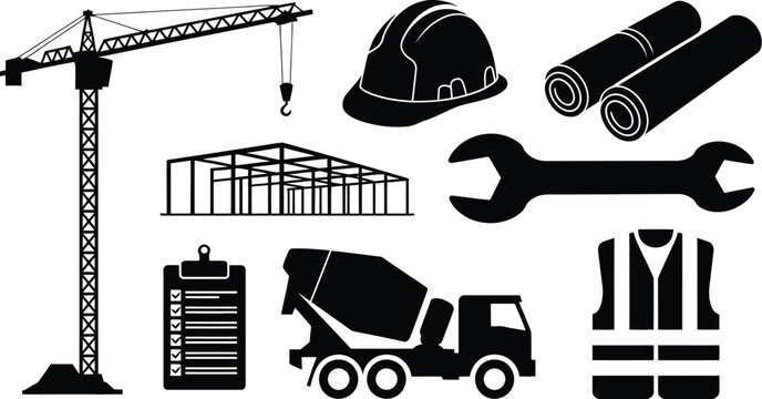 A black and white illustration depicts construction elements including a crane hard hat blueprints and a cement mixer high-quality professional detailed modern elegant stylish clean