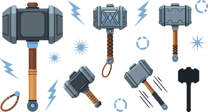 Fantasy thunder hammer vector set with lightning power effects and different angles for superhero weapon game and mythology design.