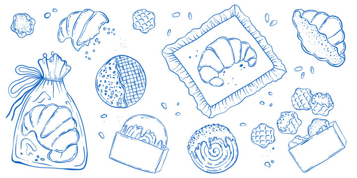 Bakery line art set with croissants, waffles and pastries, hand drawn bakery food outline vector collection