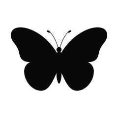 A simple black silhouette of a butterfly with outstretched wings