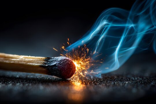 Macro photography captures a matchstick being struck at the exact moment of ignition with flying sparks and swirling blue smoke against dark.