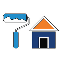 Paint roller and house with orange roof and blue wall icon