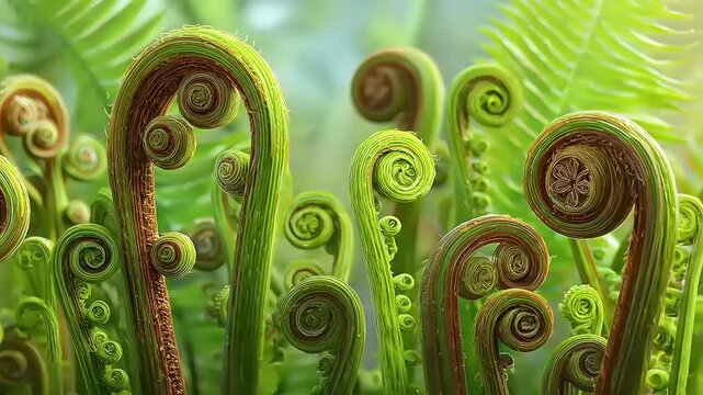 Intricate beauty of fern fiddleheads sprouting in lush greenery offering a delicate and visually engaging natural display