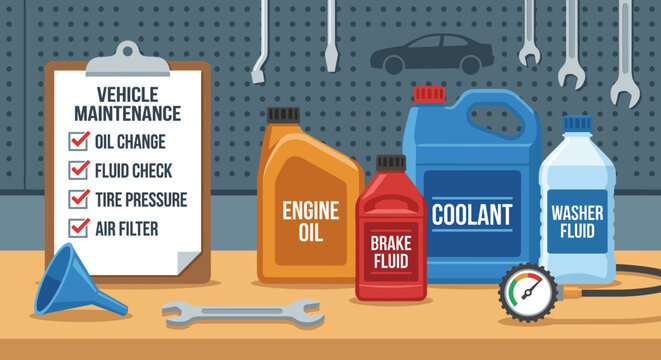 Automotive fluids like engine oil, coolant, and brake fluid with a pressure gauge and checklist for vehicle maintenance on a workshop bench, flat vector illustration