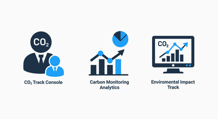 Fototapeta premium Modern flat icons representing carbon tracking, analytics, and environmental impact monitoring for business technology and sustainability dashboards.