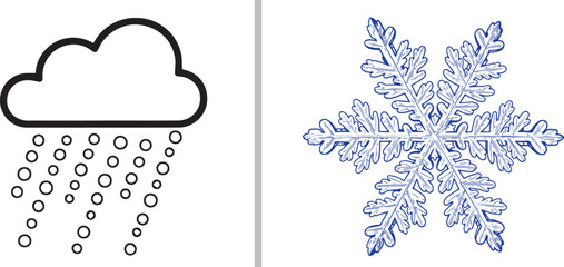 A two-pane vector illustration featuring a black outline of a cloud with falling snow circles on the left and a detailed blue crystalline snowflake on the right. © Muhammad