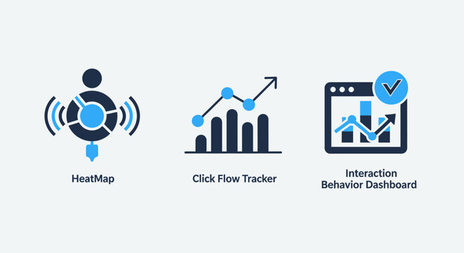 Modern flat icons for website analytics: heatmap, click flow tracker, and interaction behavior dashboard for user experience analysis.