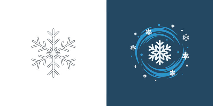Minimalist snowflake icons featuring a clean line-art design on white and a stylized winter blizzard graphic with swirling blue wind and snow on a dark background.