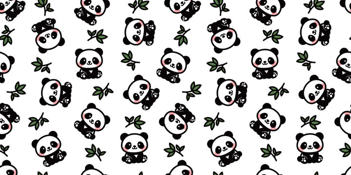 かわいいパンダと笹の葉のシームレスパターン｜動物キャラクター背景素材　Cute Panda and Bamboo Leaves Seamless Pattern / Animal Background
